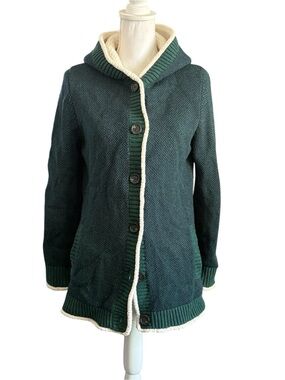 LL Bean| Cream Sherpa-Trim Hooded Cardigan| Cotton Wool Blend Cardigan
